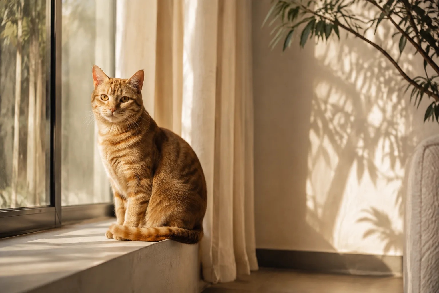 午后阳光中坐在窗边的橘猫